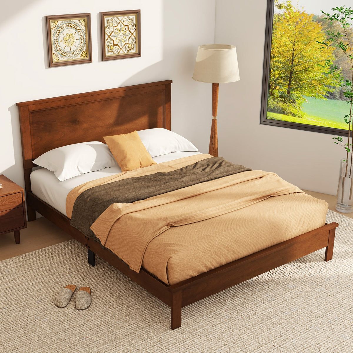 Queen Size Bed Frame Platform Slat High Headboard Bedroom with Rubber Wood Leg-Simple Bed Frame-DECOROLALA