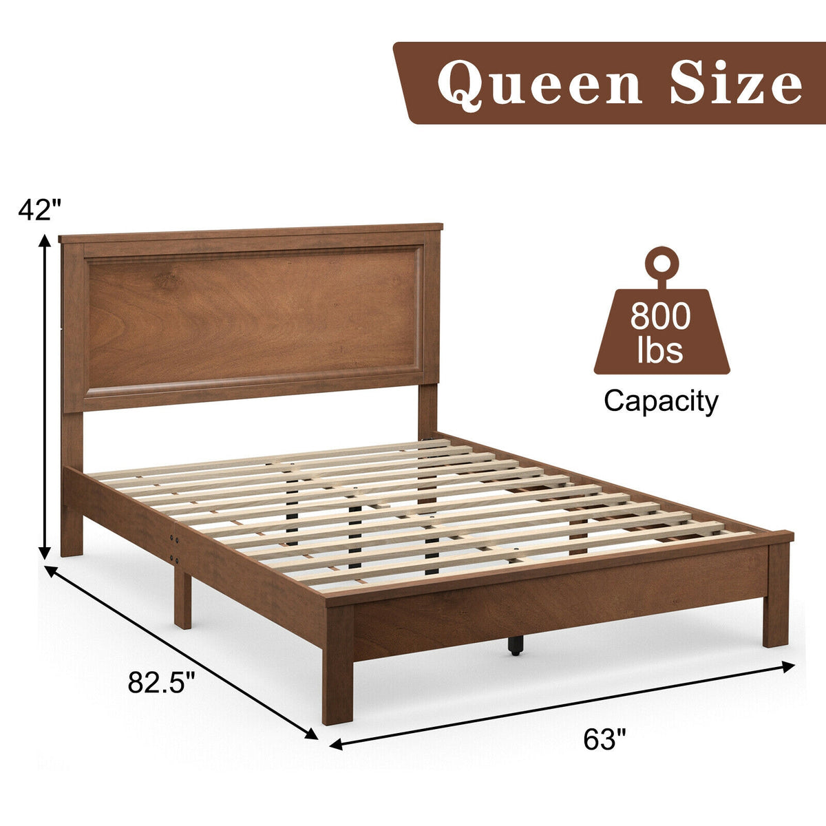 Queen Size Bed Frame Platform Slat High Headboard Bedroom with Rubber Wood Leg-Walnut-Simple Bed Frame-DECOROLALA