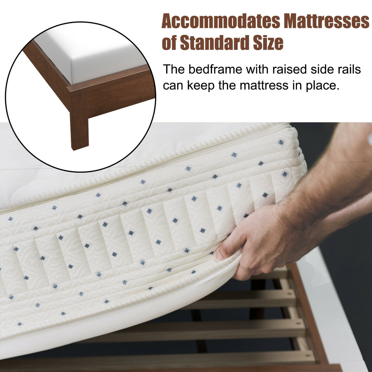 Queen Size Bed Frame Platform Slat High Headboard Bedroom with Rubber Wood Leg-Walnut-Simple Bed Frame-DECOROLALA