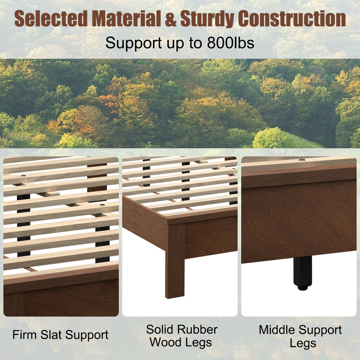 Queen Size Bed Frame Platform Slat High Headboard Bedroom with Rubber Wood Leg-Walnut-Simple Bed Frame-DECOROLALA