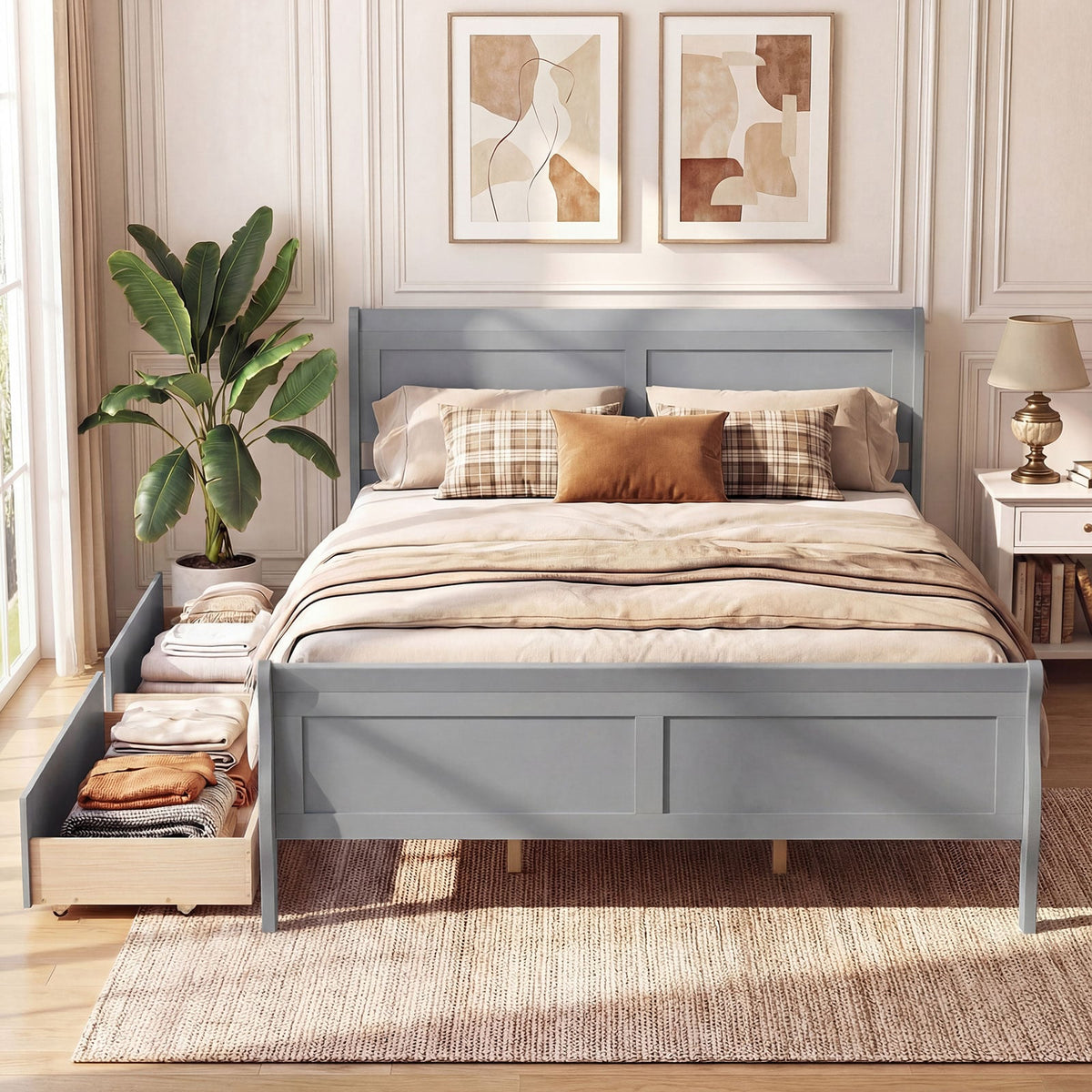 Queen Size Bed Frame with 2 Storage Drawers and Footboard-Gray-Simple Bed Frame-DECOROLALA