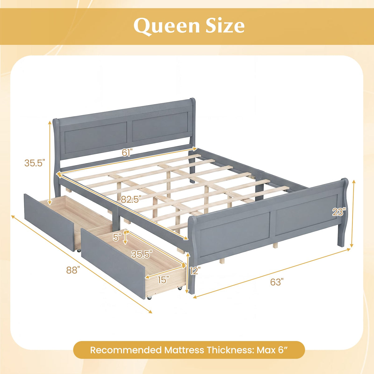 Queen Size Bed Frame with 2 Storage Drawers and Footboard-Gray-Simple Bed Frame-DECOROLALA