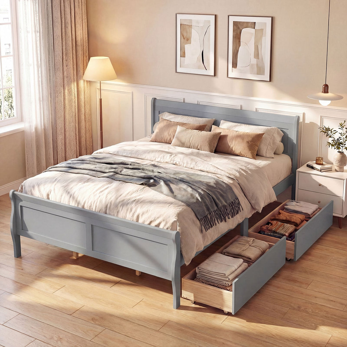 Queen Size Bed Frame with 2 Storage Drawers and Footboard-Gray-Simple Bed Frame-DECOROLALA