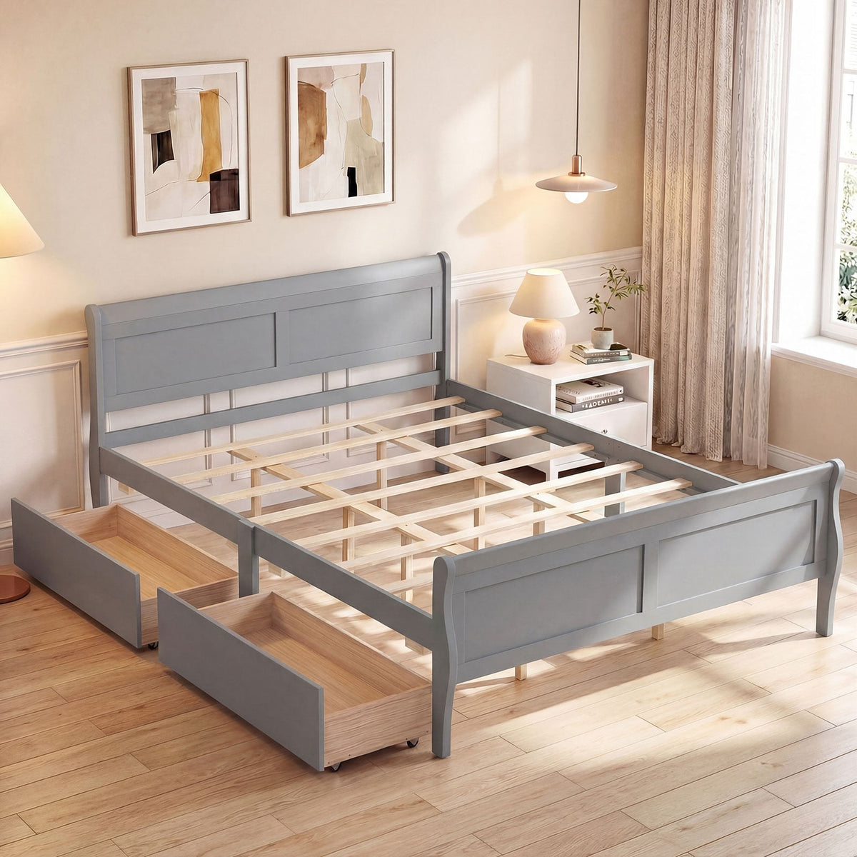 Queen Size Bed Frame with 2 Storage Drawers and Footboard-Gray-Simple Bed Frame-DECOROLALA