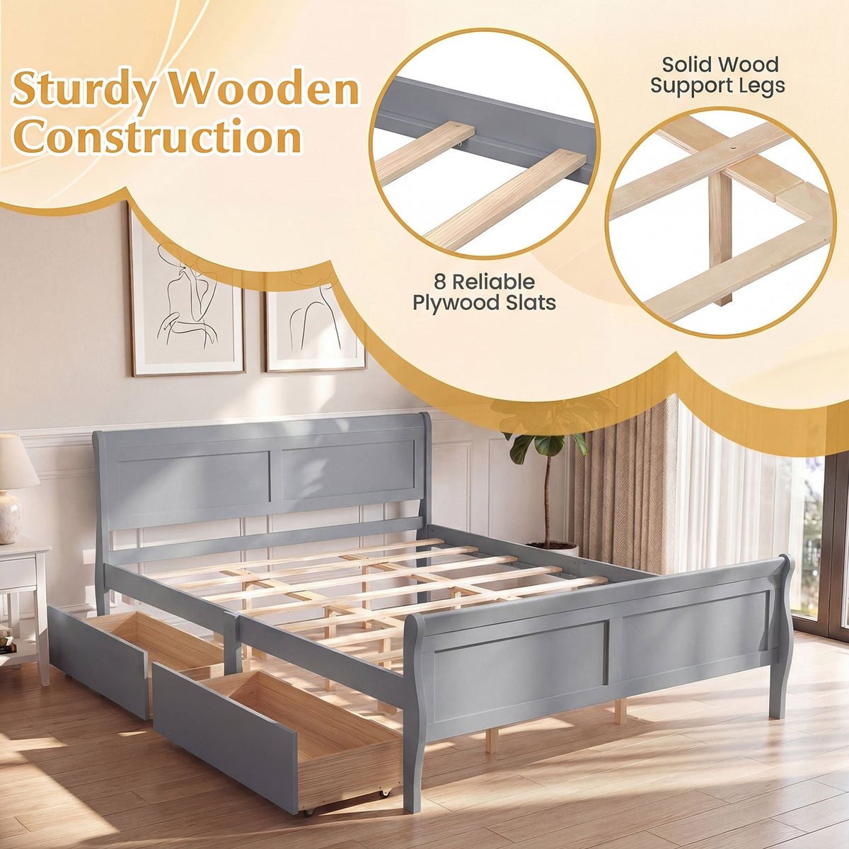 Queen Size Bed Frame with 2 Storage Drawers and Footboard-Gray-Simple Bed Frame-DECOROLALA