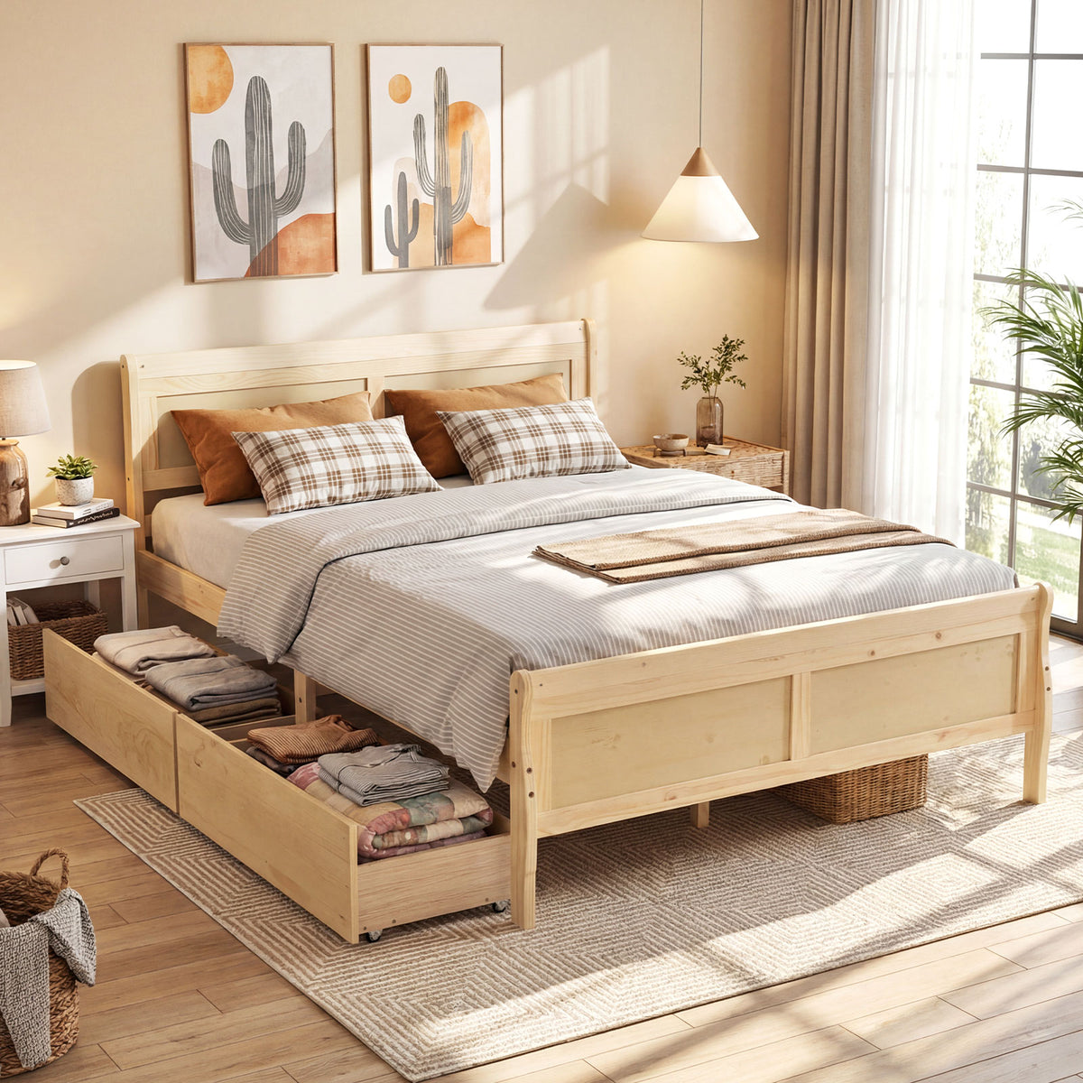 Queen Size Bed Frame with 2 Storage Drawers and Footboard-Natural-Simple Bed Frame-DECOROLALA