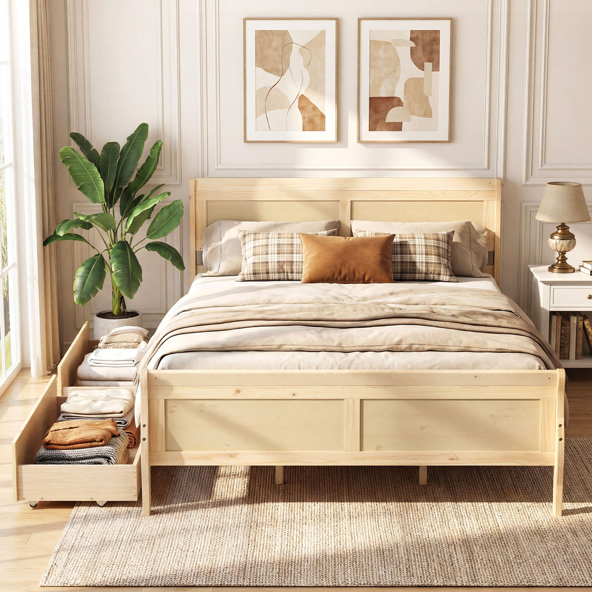 Queen Size Bed Frame with 2 Storage Drawers and Footboard-Natural-Simple Bed Frame-DECOROLALA
