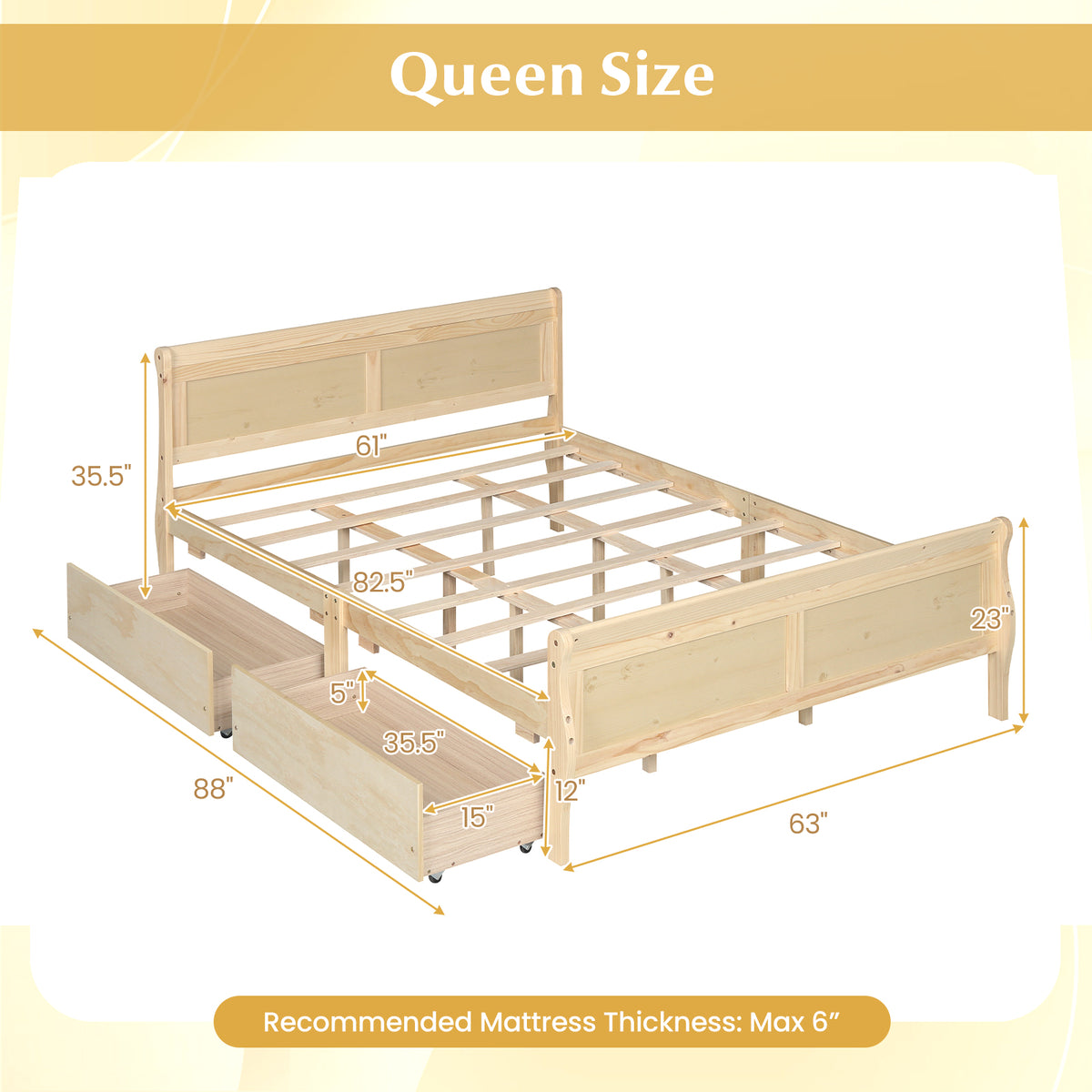 Queen Size Bed Frame with 2 Storage Drawers and Footboard-Natural-Simple Bed Frame-DECOROLALA