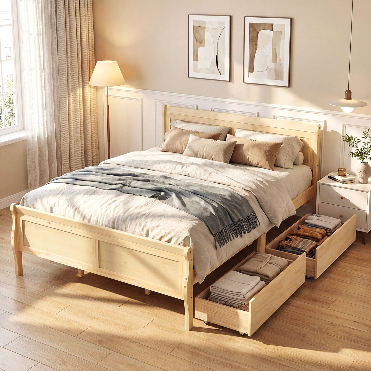 Queen Size Bed Frame with 2 Storage Drawers and Footboard-Natural-Simple Bed Frame-DECOROLALA