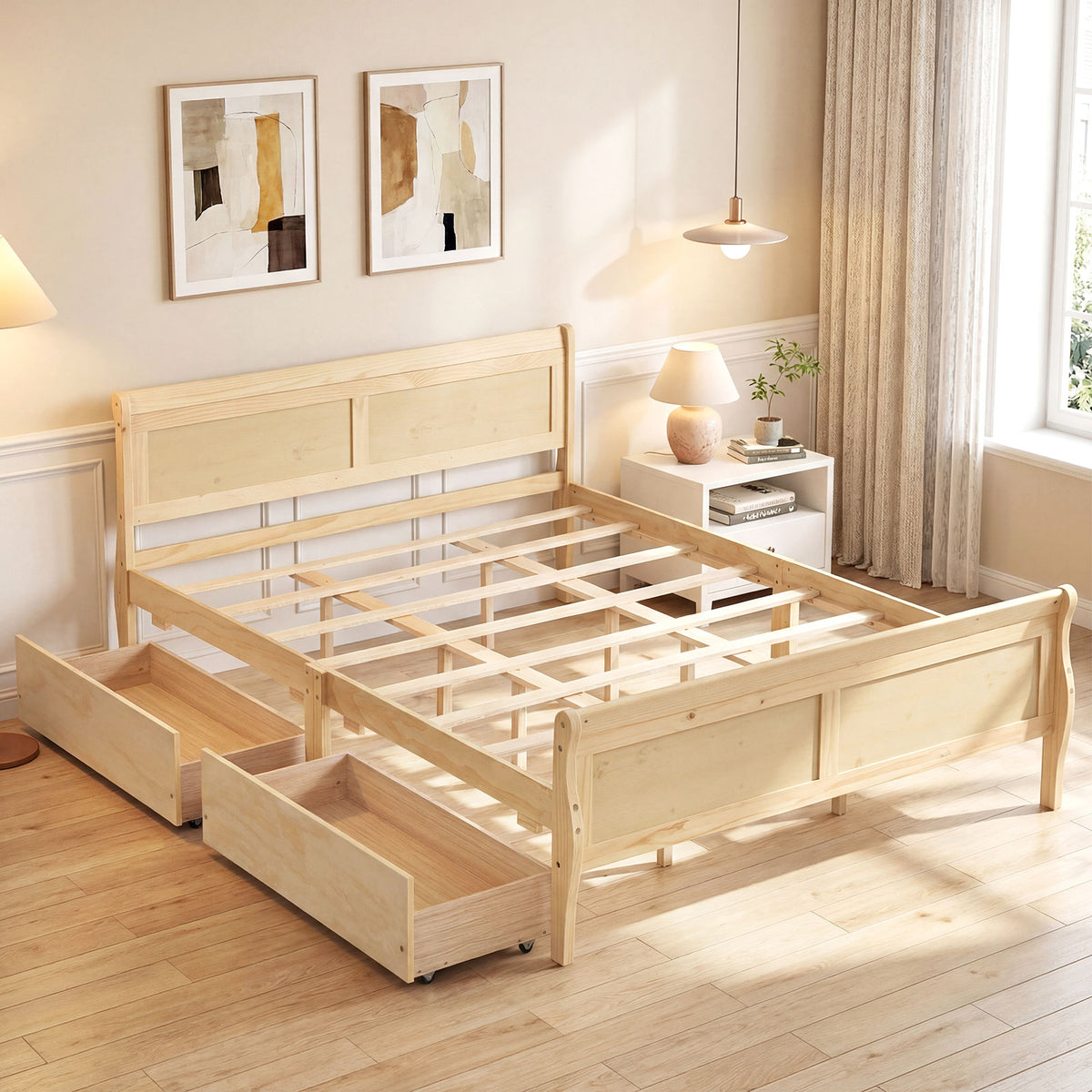 Queen Size Bed Frame with 2 Storage Drawers and Footboard-Natural-Simple Bed Frame-DECOROLALA