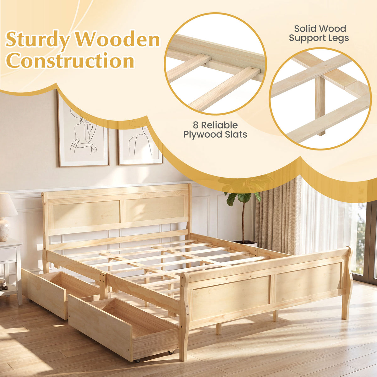 Queen Size Bed Frame with 2 Storage Drawers and Footboard-Natural-Simple Bed Frame-DECOROLALA