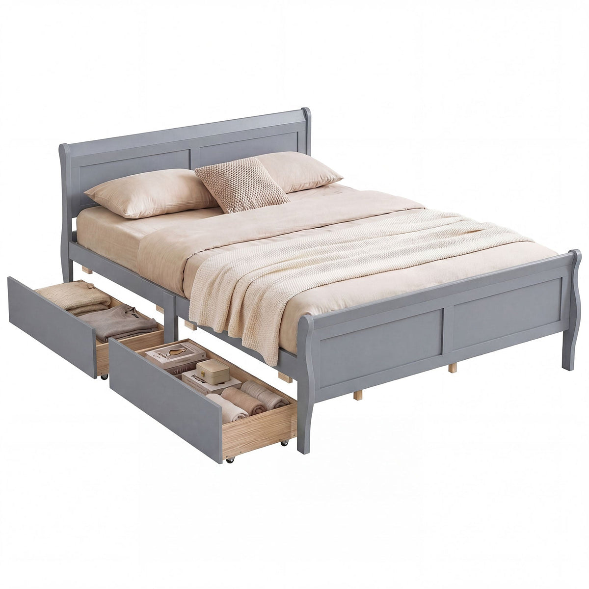 Queen Size Bed Frame with 2 Storage Drawers and Footboard-Simple Bed Frame-DECOROLALA