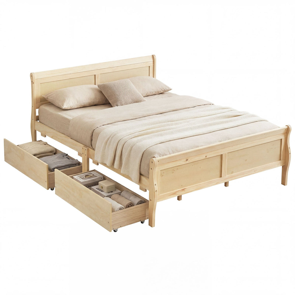 Queen Size Bed Frame with 2 Storage Drawers and Footboard-Simple Bed Frame-DECOROLALA