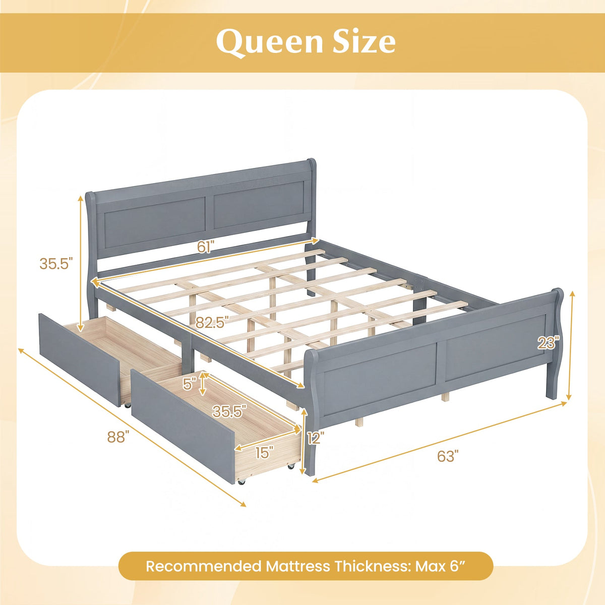 Queen Size Bed Frame with 2 Storage Drawers and Footboard-Simple Bed Frame-DECOROLALA