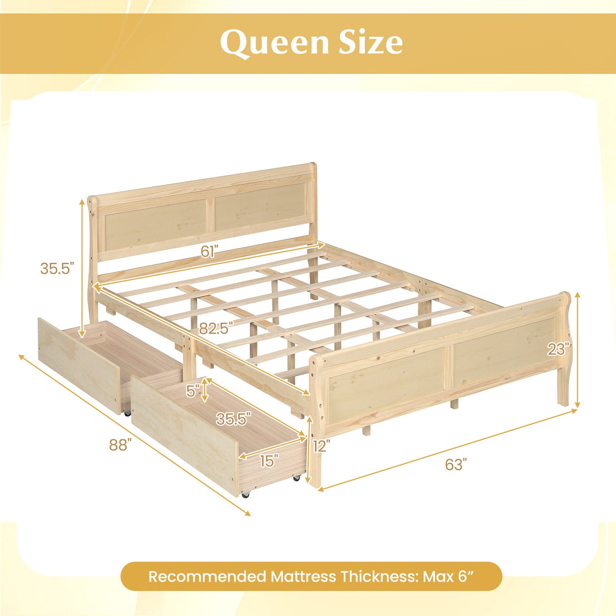 Queen Size Bed Frame with 2 Storage Drawers and Footboard-Simple Bed Frame-DECOROLALA