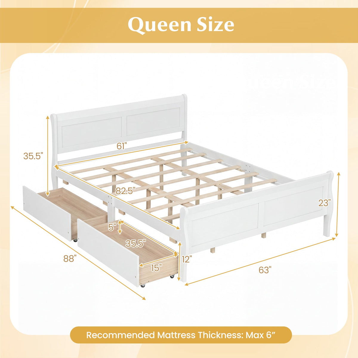 Queen Size Bed Frame with 2 Storage Drawers and Footboard-Simple Bed Frame-DECOROLALA