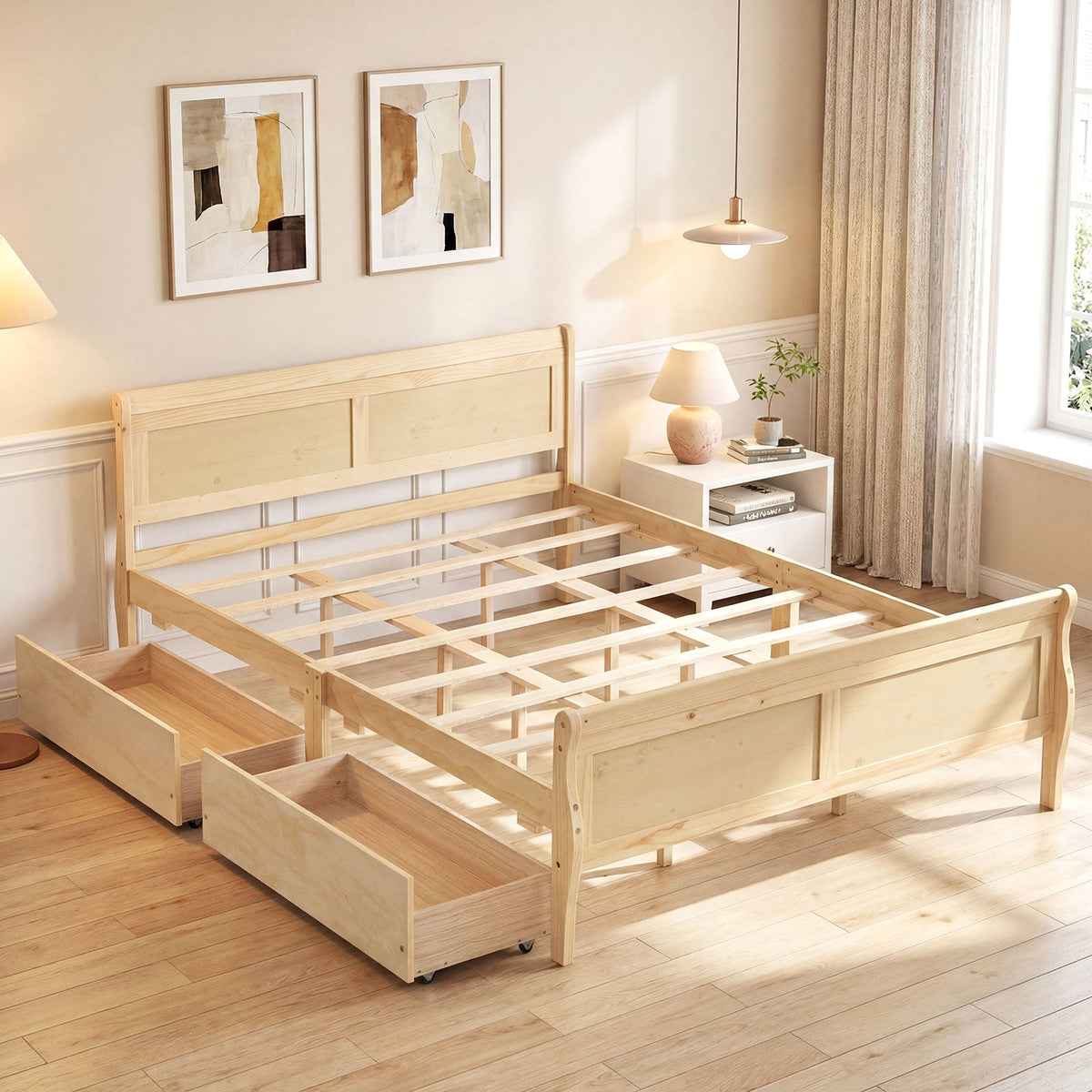 Queen Size Bed Frame with 2 Storage Drawers and Footboard-Simple Bed Frame-DECOROLALA