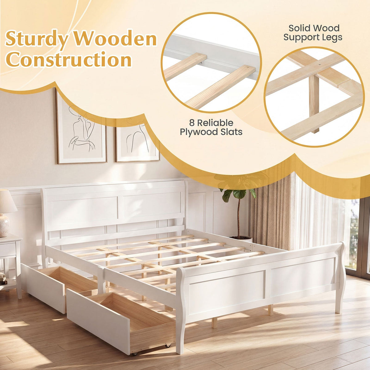 Queen Size Bed Frame with 2 Storage Drawers and Footboard-Simple Bed Frame-DECOROLALA