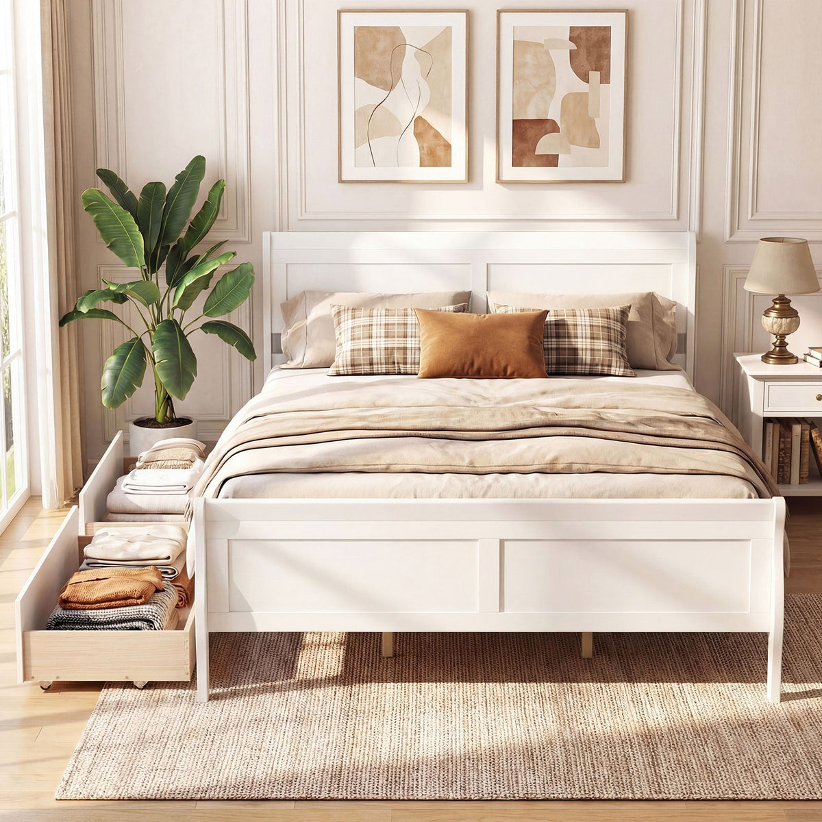 Queen Size Bed Frame with 2 Storage Drawers and Footboard-Simple Bed Frame-DECOROLALA