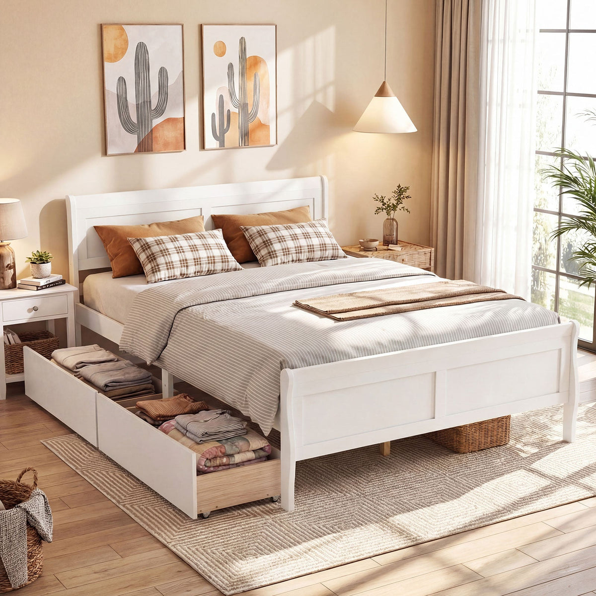 Queen Size Bed Frame with 2 Storage Drawers and Footboard-Simple Bed Frame-DECOROLALA