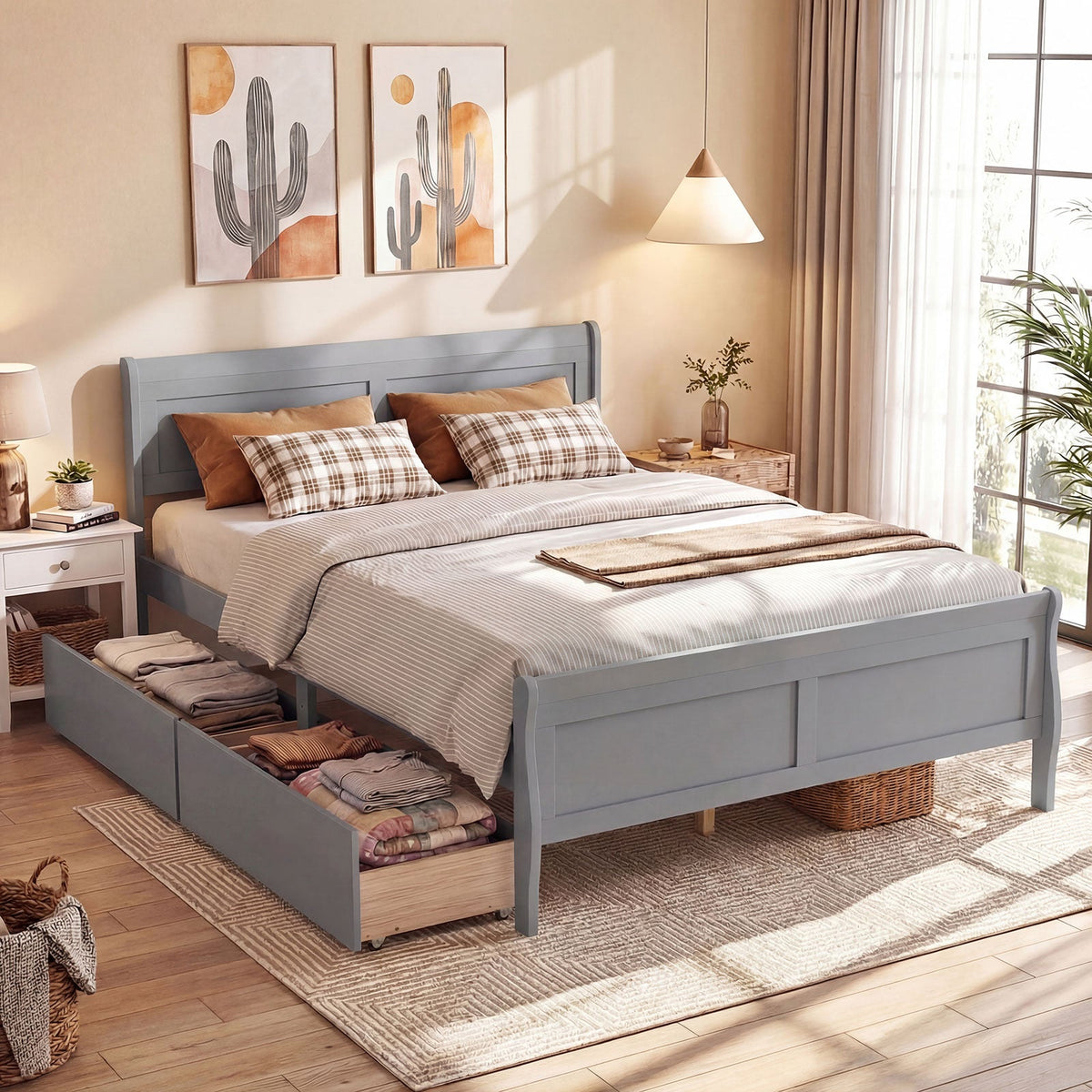 Queen Size Bed Frame with 2 Storage Drawers and Footboard-Simple Bed Frame-DECOROLALA