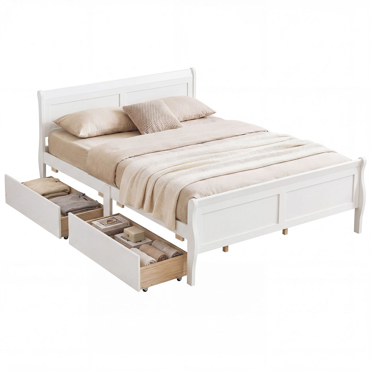 Queen Size Bed Frame with 2 Storage Drawers and Footboard-White-Simple Bed Frame-DECOROLALA