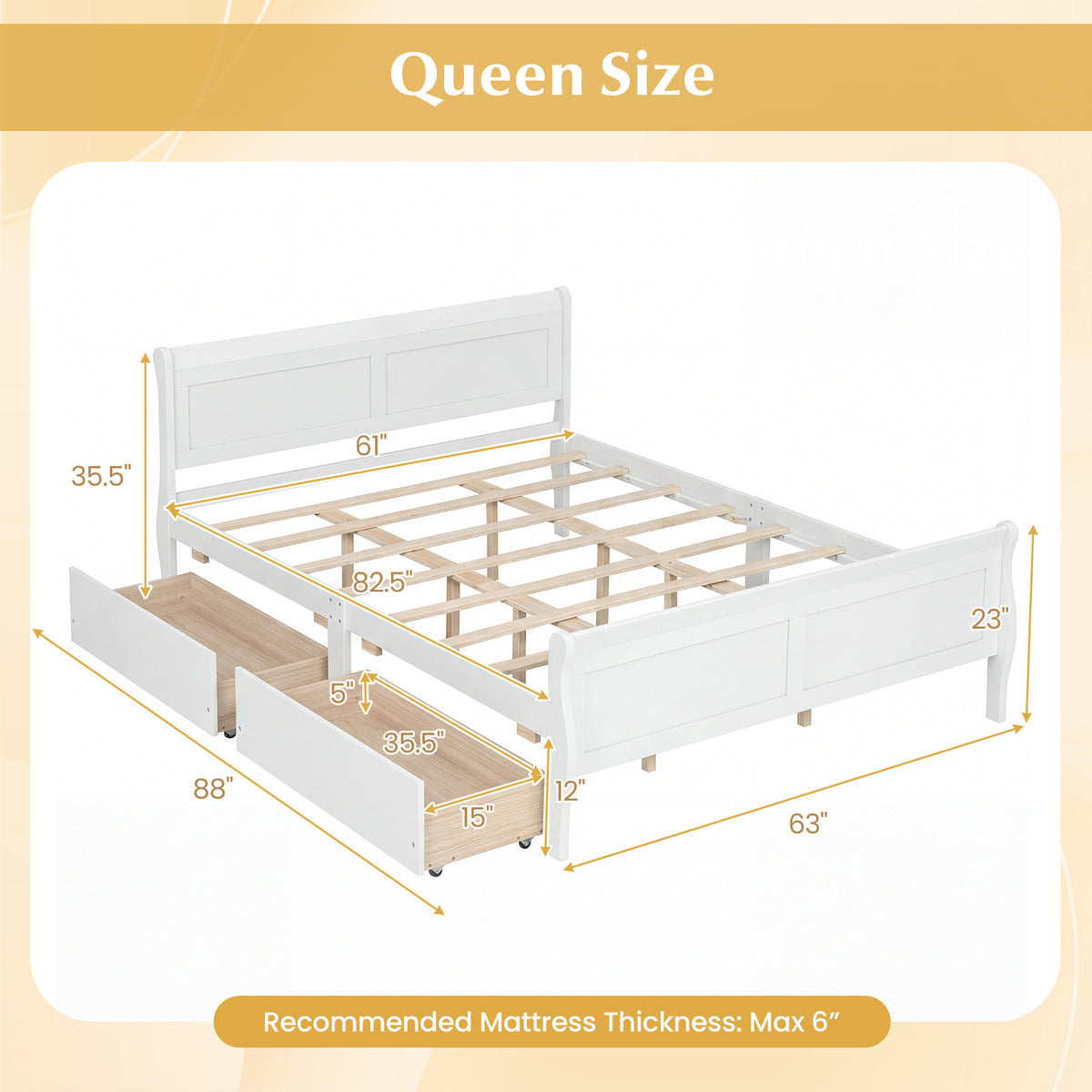 Queen Size Bed Frame with 2 Storage Drawers and Footboard-White-Simple Bed Frame-DECOROLALA