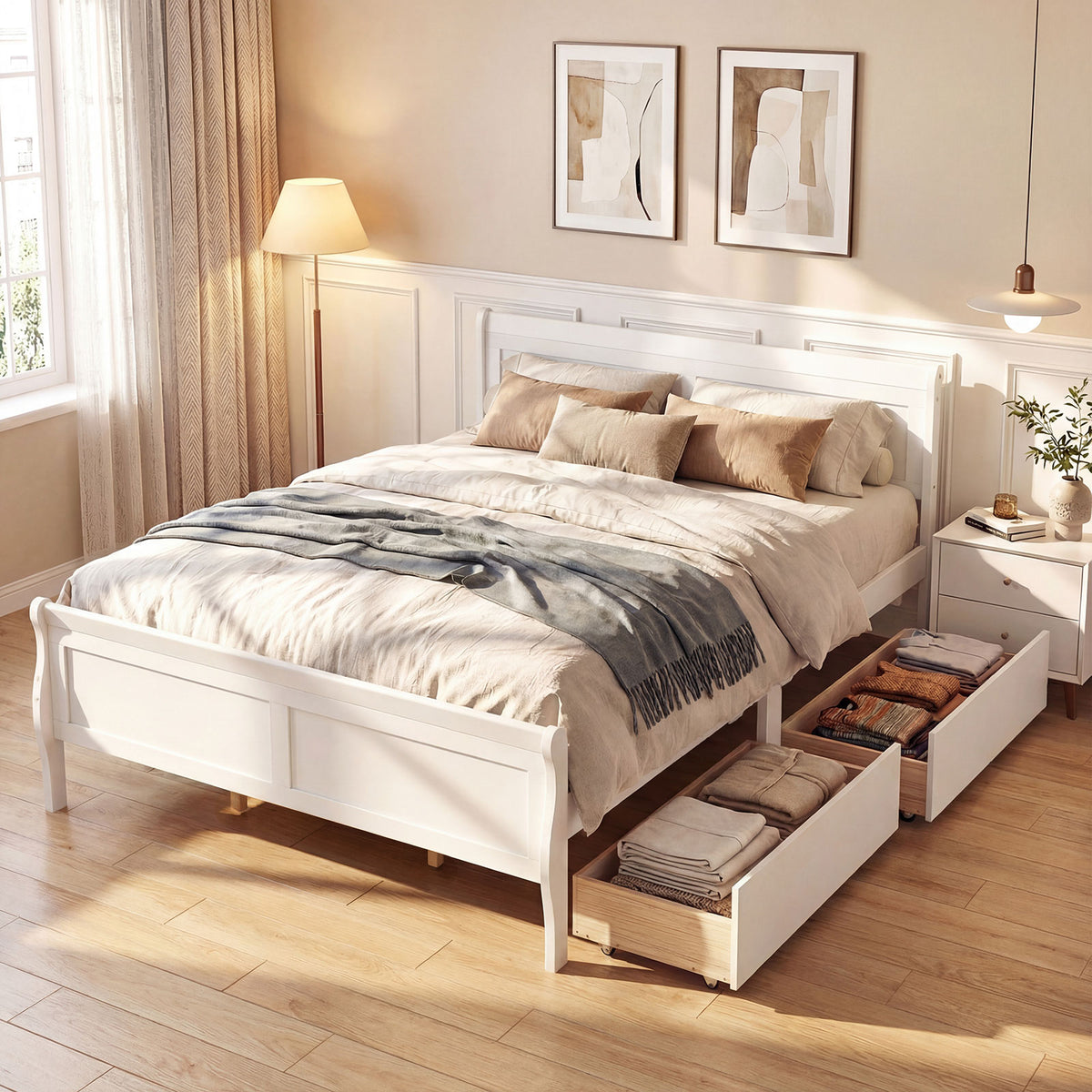 Queen Size Bed Frame with 2 Storage Drawers and Footboard-White-Simple Bed Frame-DECOROLALA