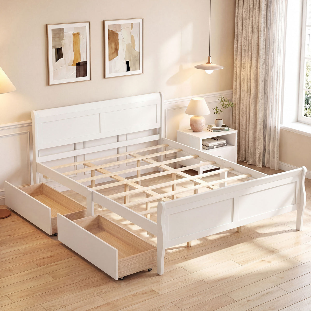 Queen Size Bed Frame with 2 Storage Drawers and Footboard-White-Simple Bed Frame-DECOROLALA