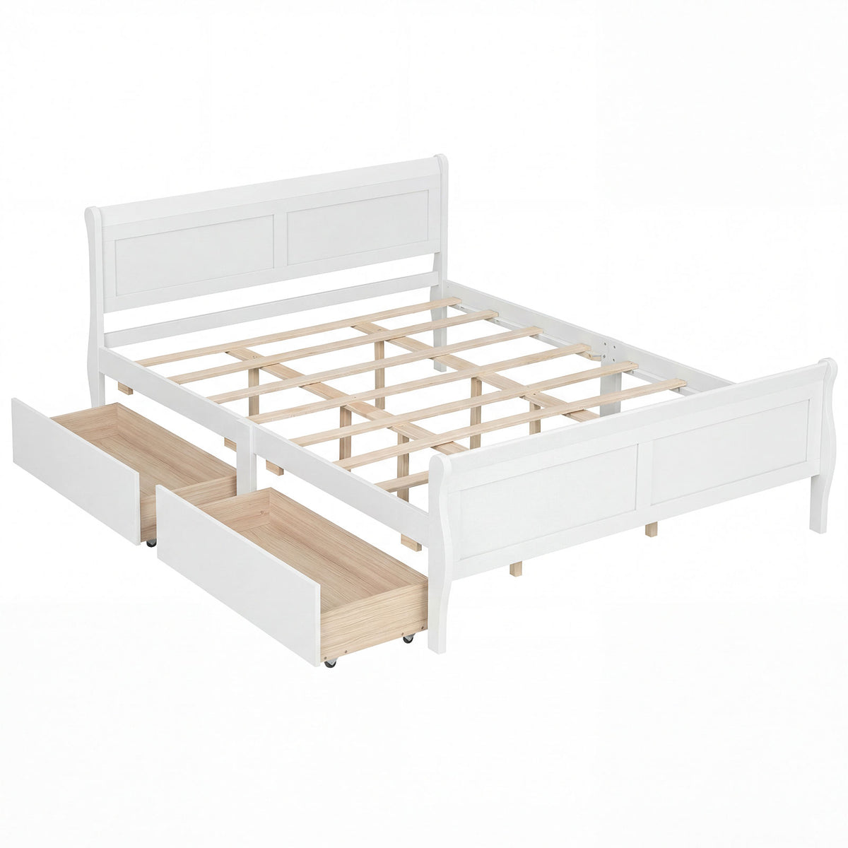 Queen Size Bed Frame with 2 Storage Drawers and Footboard-White-Simple Bed Frame-DECOROLALA