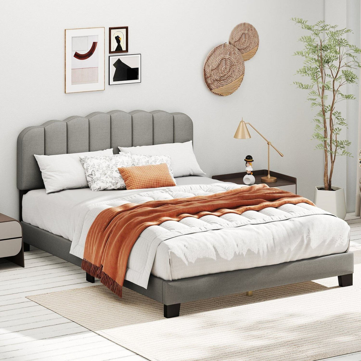 Queen Size Bed Frame with Adjustable Scalloped Tufted Headboard-Queen Size-Simple Bed Frame-DECOROLALA