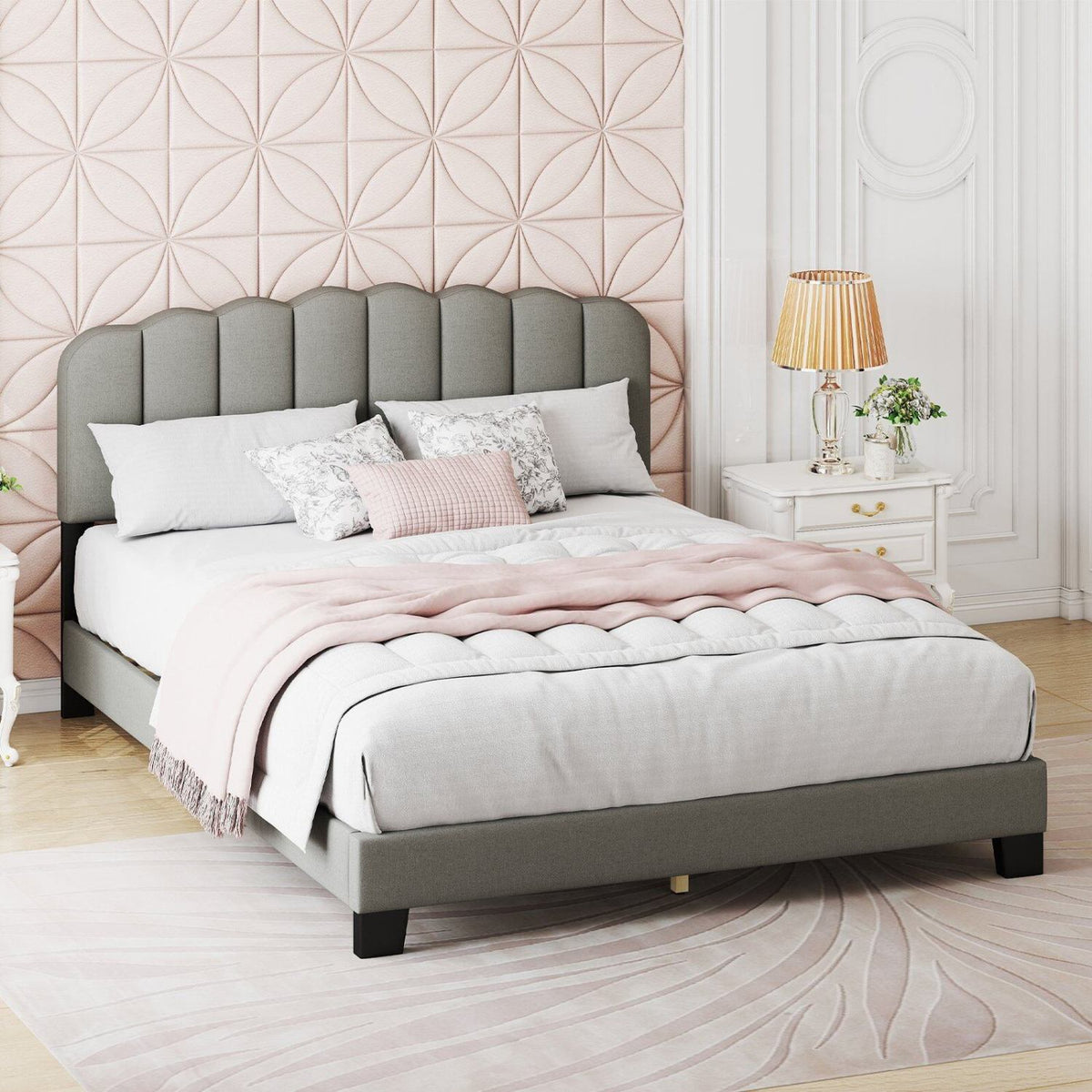 Queen Size Bed Frame with Adjustable Scalloped Tufted Headboard-Queen Size-Simple Bed Frame-DECOROLALA