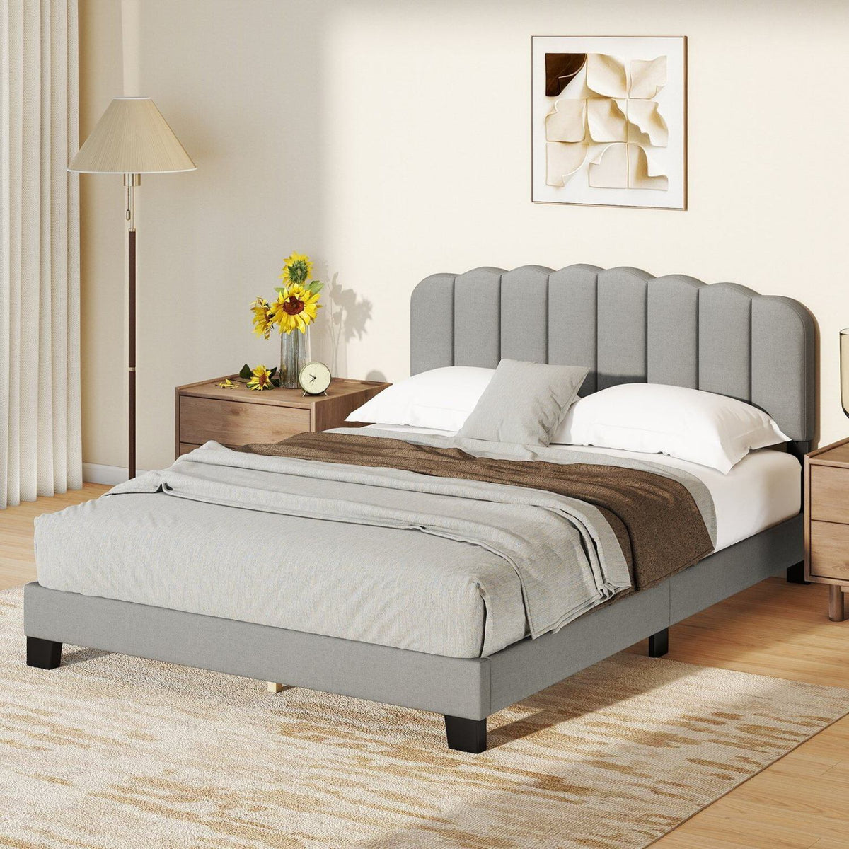 Queen Size Bed Frame with Adjustable Scalloped Tufted Headboard-Queen Size-Simple Bed Frame-DECOROLALA
