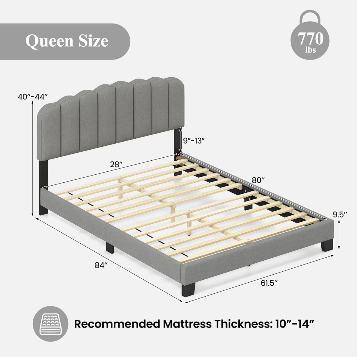 Queen Size Bed Frame with Adjustable Scalloped Tufted Headboard-Queen Size-Simple Bed Frame-DECOROLALA