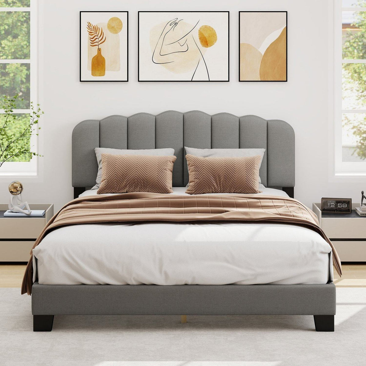 Queen Size Bed Frame with Adjustable Scalloped Tufted Headboard-Queen Size-Simple Bed Frame-DECOROLALA