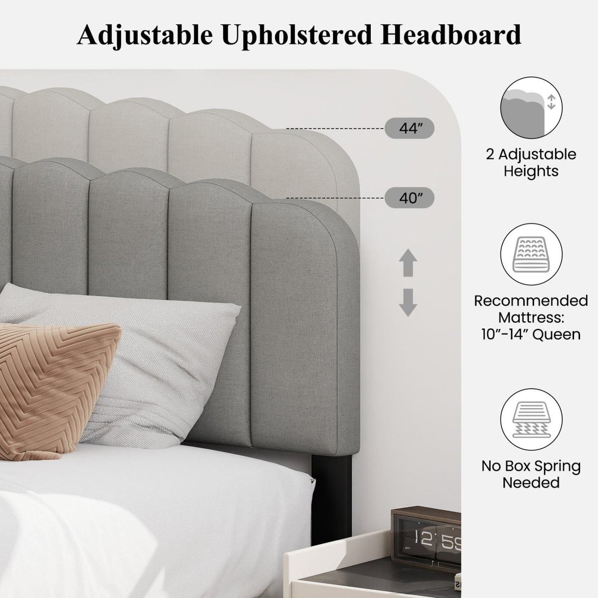 Queen Size Bed Frame with Adjustable Scalloped Tufted Headboard-Queen Size-Simple Bed Frame-DECOROLALA
