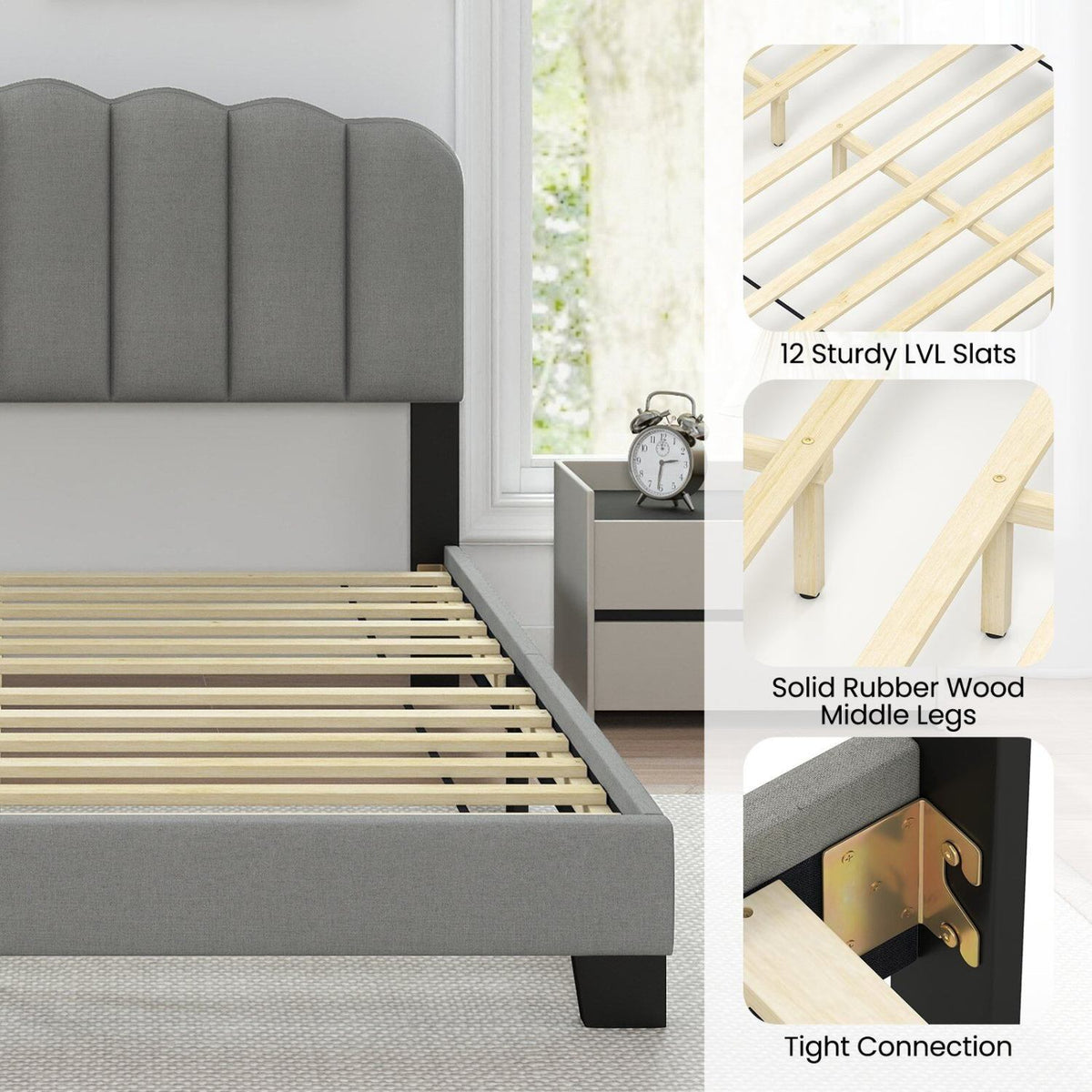 Queen Size Bed Frame with Adjustable Scalloped Tufted Headboard-Queen Size-Simple Bed Frame-DECOROLALA