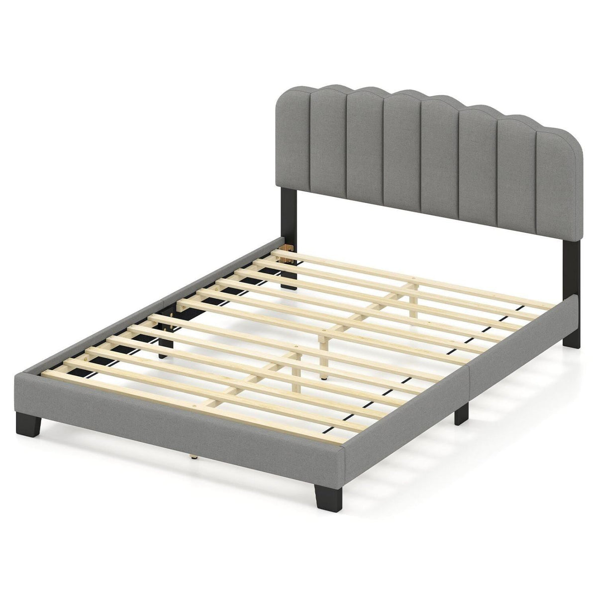 Queen Size Bed Frame with Adjustable Scalloped Tufted Headboard-Queen Size-Simple Bed Frame-DECOROLALA