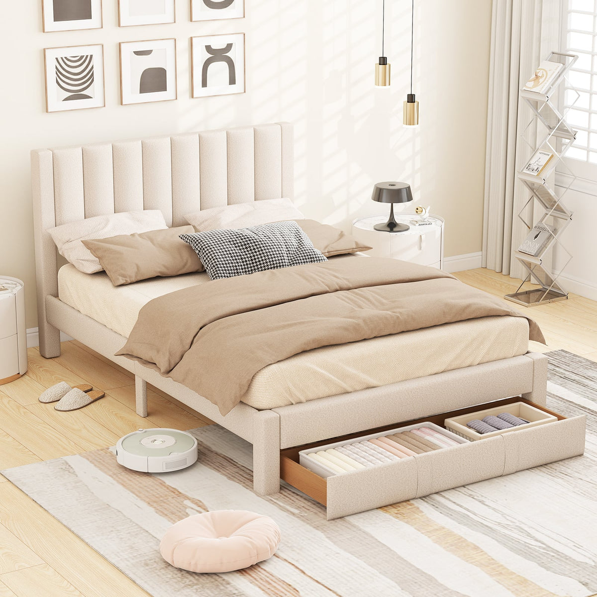 Queen Size Bed Frame with Storage Drawer and Vertical Channel Headboard-Beige-Simple Bed Frame-DECOROLALA