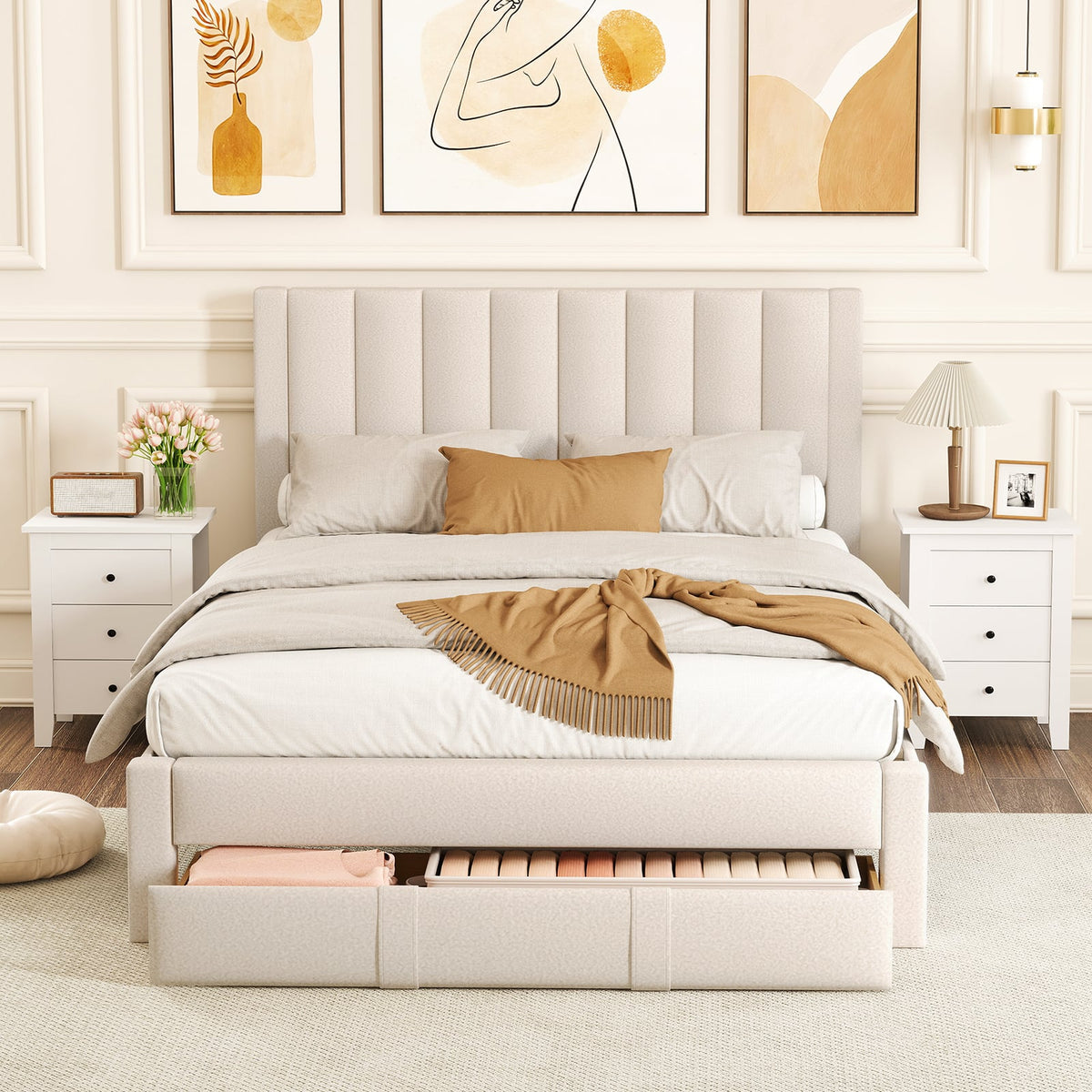 Queen Size Bed Frame with Storage Drawer and Vertical Channel Headboard-Beige-Simple Bed Frame-DECOROLALA