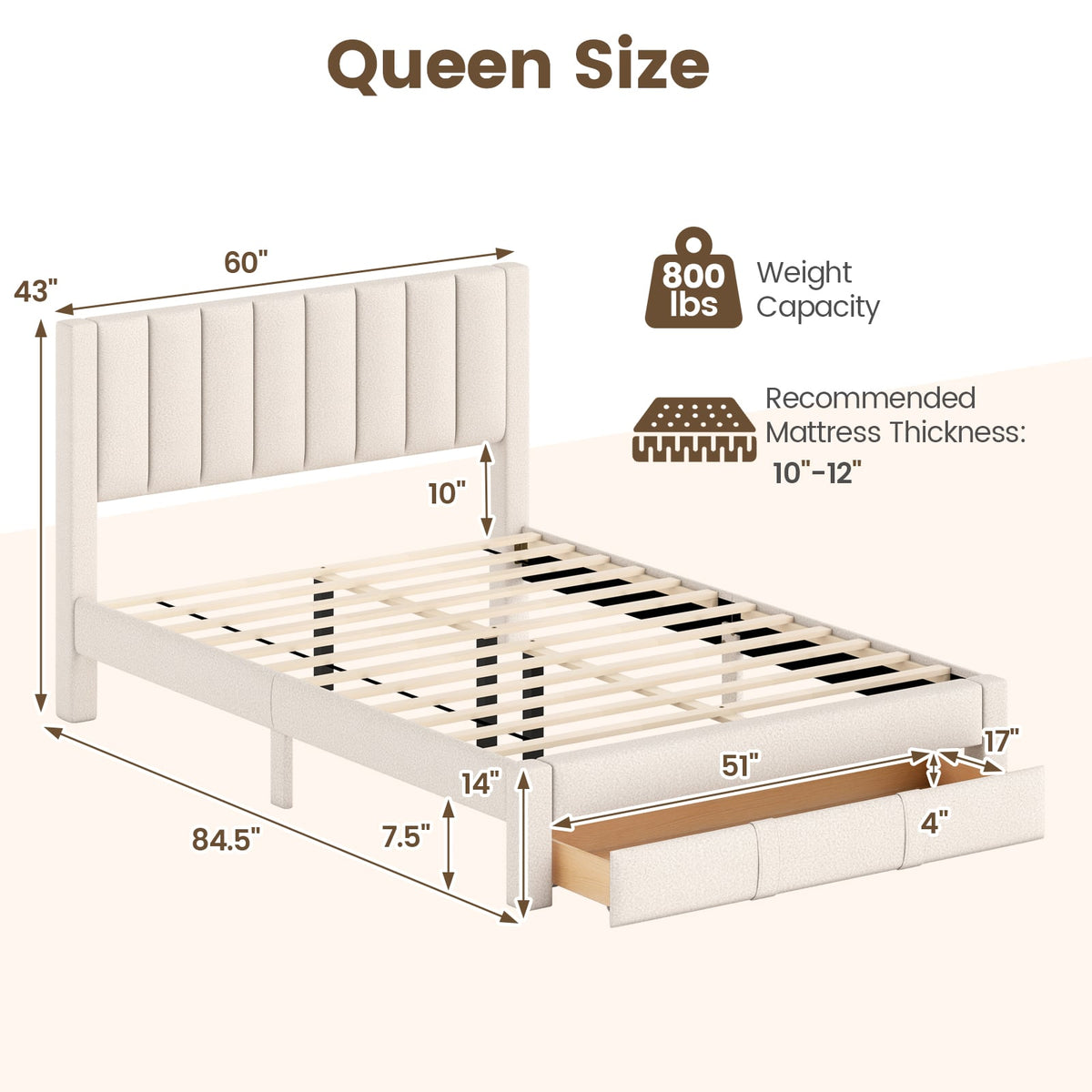 Queen Size Bed Frame with Storage Drawer and Vertical Channel Headboard-Beige-Simple Bed Frame-DECOROLALA