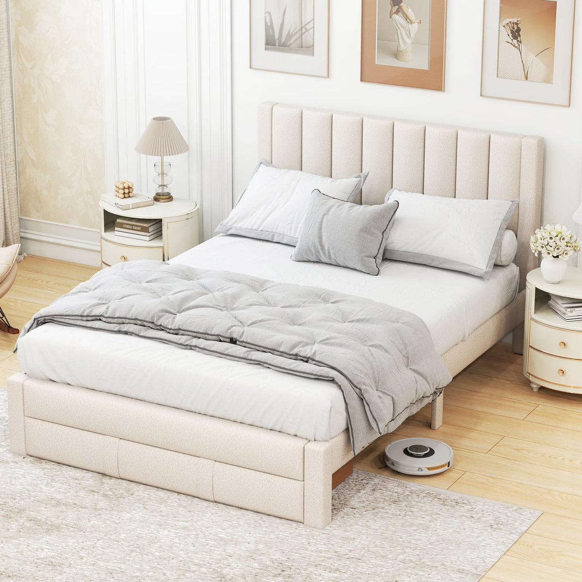 Queen Size Bed Frame with Storage Drawer and Vertical Channel Headboard-Beige-Simple Bed Frame-DECOROLALA