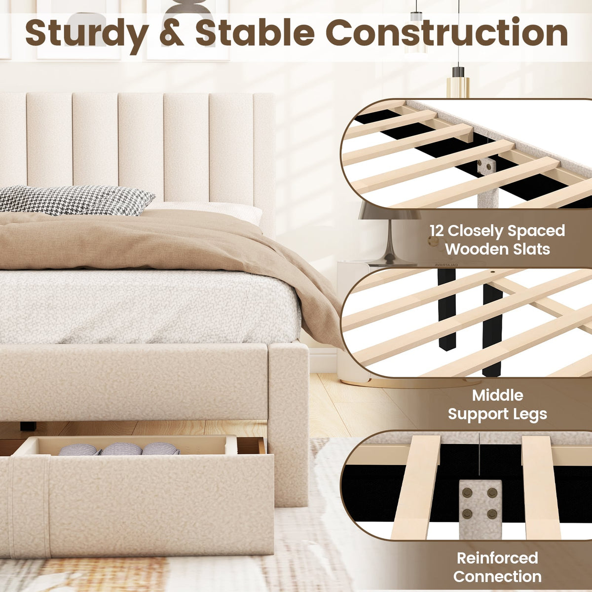 Queen Size Bed Frame with Storage Drawer and Vertical Channel Headboard-Beige-Simple Bed Frame-DECOROLALA