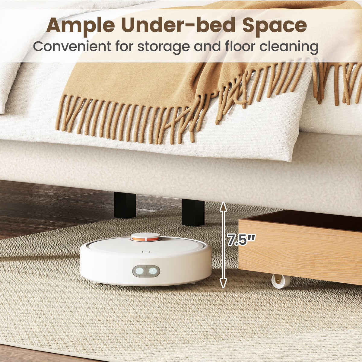 Queen Size Bed Frame with Storage Drawer and Vertical Channel Headboard-Beige-Simple Bed Frame-DECOROLALA