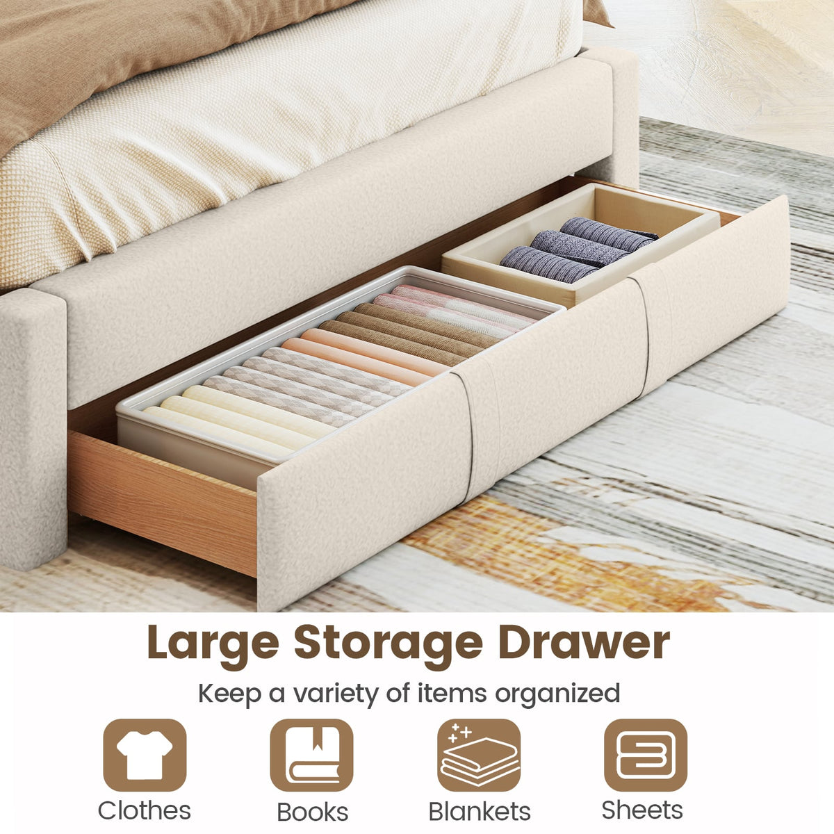 Queen Size Bed Frame with Storage Drawer and Vertical Channel Headboard-Beige-Simple Bed Frame-DECOROLALA