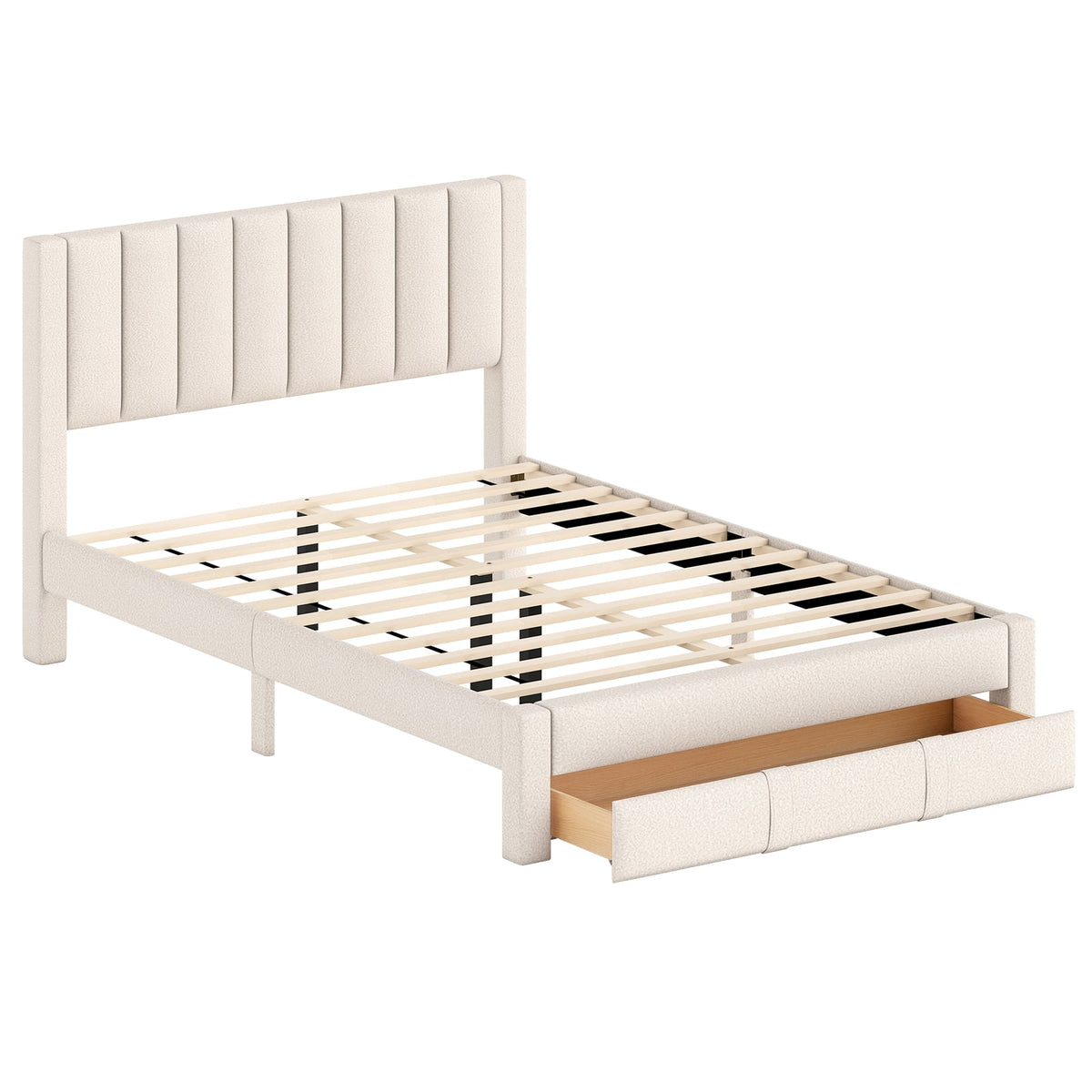 Queen Size Bed Frame with Storage Drawer and Vertical Channel Headboard-Beige-Simple Bed Frame-DECOROLALA