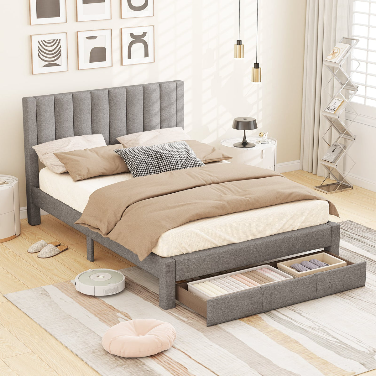 Queen Size Bed Frame with Storage Drawer and Vertical Channel Headboard-Gray-Simple Bed Frame-DECOROLALA