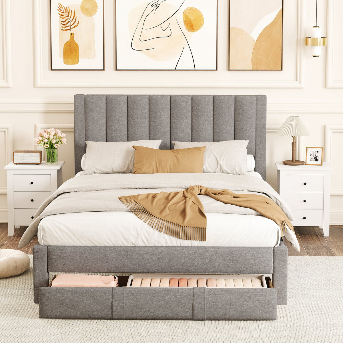 Queen Size Bed Frame with Storage Drawer and Vertical Channel Headboard-Gray-Simple Bed Frame-DECOROLALA