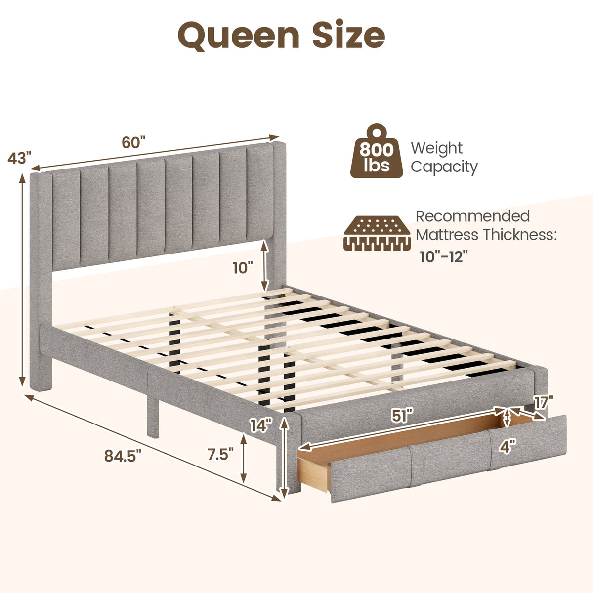 Queen Size Bed Frame with Storage Drawer and Vertical Channel Headboard-Gray-Simple Bed Frame-DECOROLALA