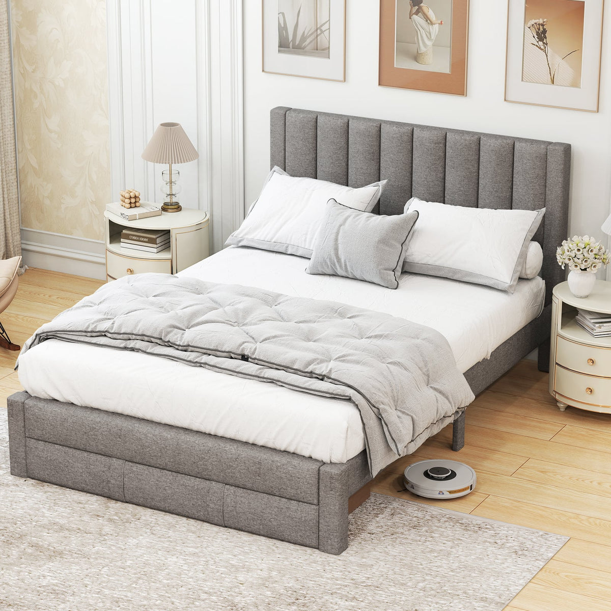 Queen Size Bed Frame with Storage Drawer and Vertical Channel Headboard-Gray-Simple Bed Frame-DECOROLALA